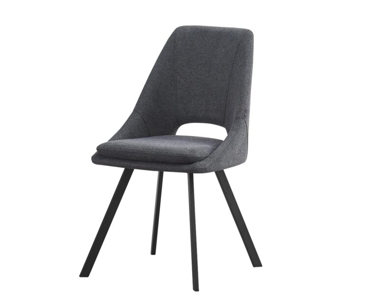 Silla moderna tapizada en gris oscuro con respaldo curvado y patas metálicas negras
