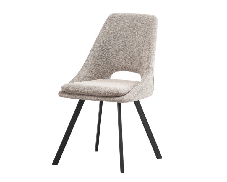 Silla moderna tapizada en tela gris claro con patas metálicas negras