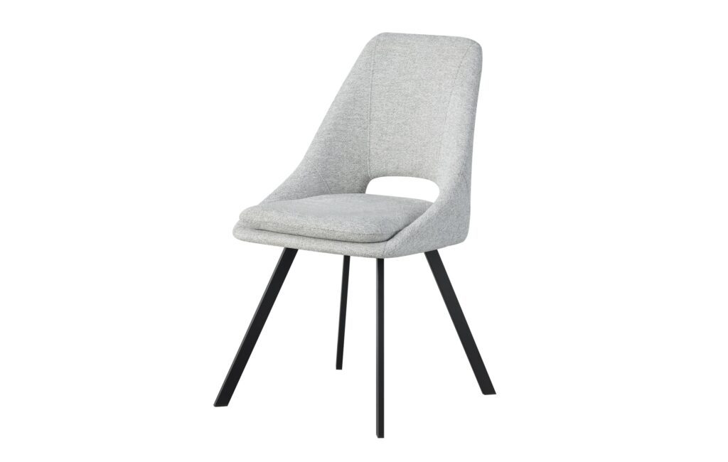 Silla moderna con asiento y respaldo tapizados en gris claro y patas metálicas negras