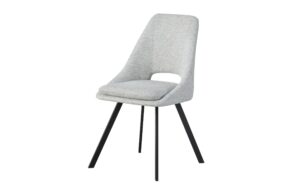 Silla moderna con asiento y respaldo tapizados en gris claro y patas metálicas negras