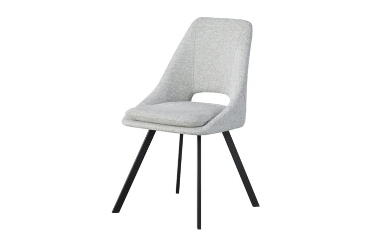 Silla moderna con asiento y respaldo tapizados en gris claro y patas metálicas negras