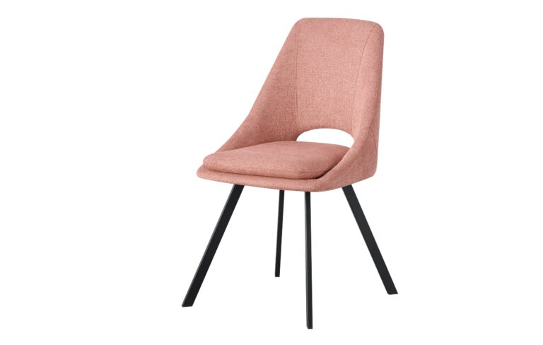 Silla moderna tapizada en rosa con patas metálicas negras