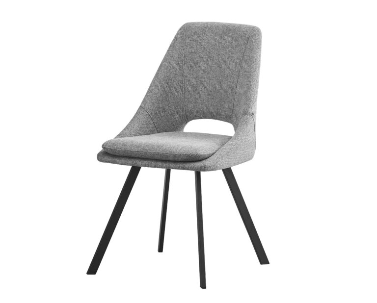 Silla moderna con respaldo y asiento tapizados en tela gris y patas metálicas negras