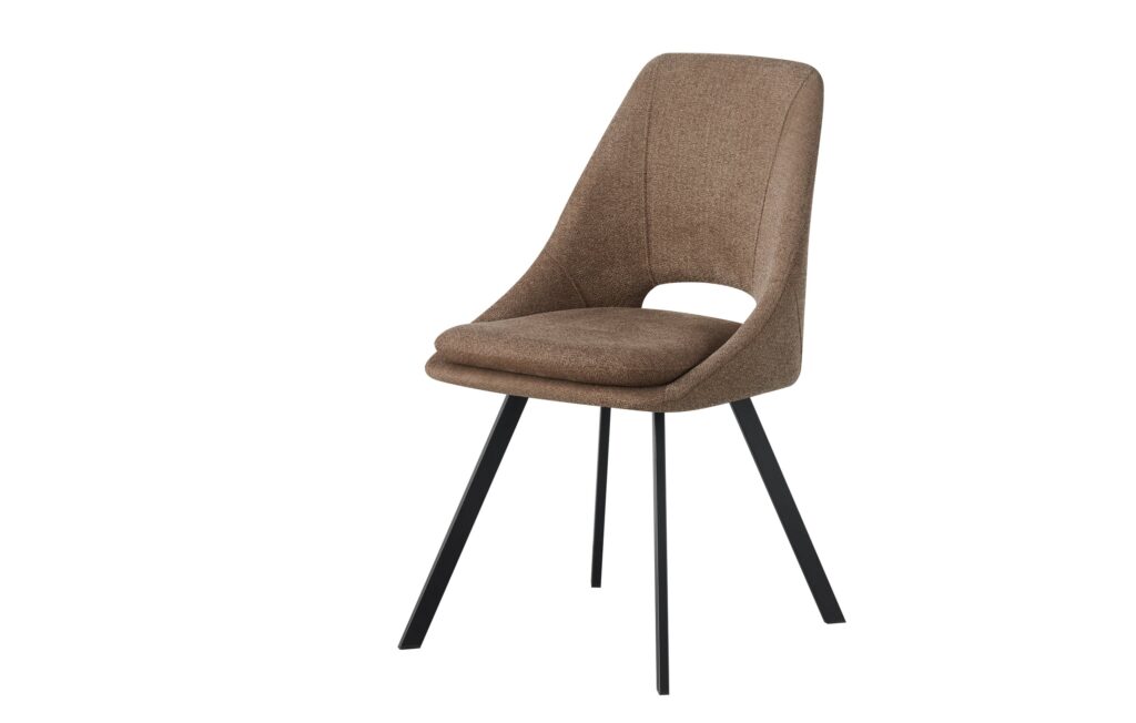 Silla de comedor moderna con asiento y respaldo tapizados en tela marrón y patas metálicas negras