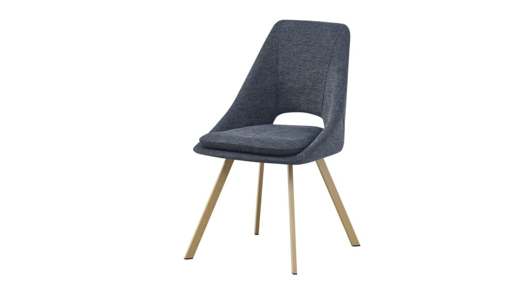 Silla moderna con asiento y respaldo tapizados en tela gris oscuro y patas de madera clara