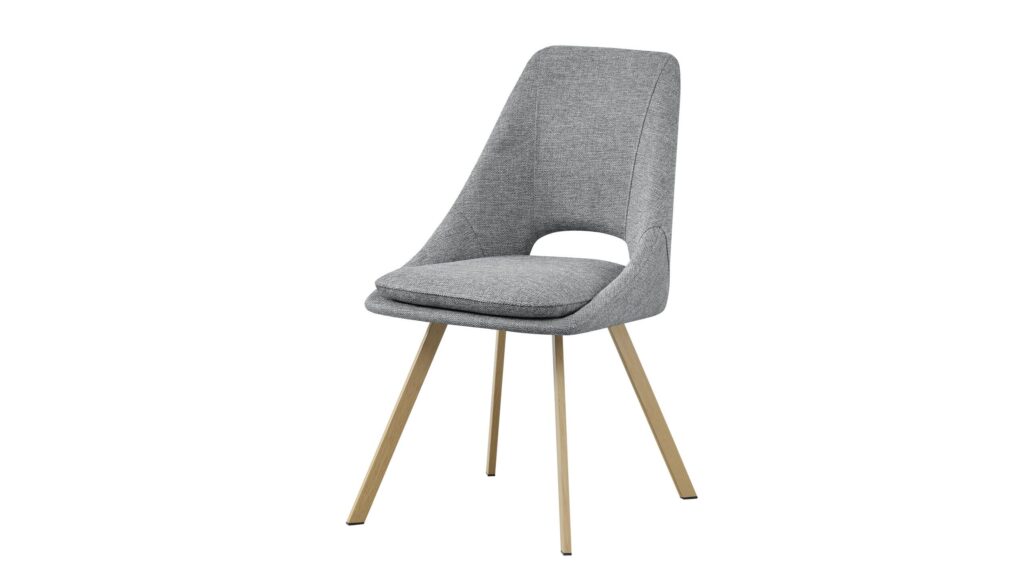 Silla moderna con asiento y respaldo tapizados en gris y patas de madera clara