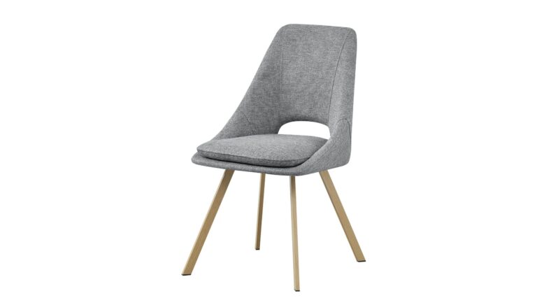 Silla moderna con asiento y respaldo tapizados en gris y patas de madera clara