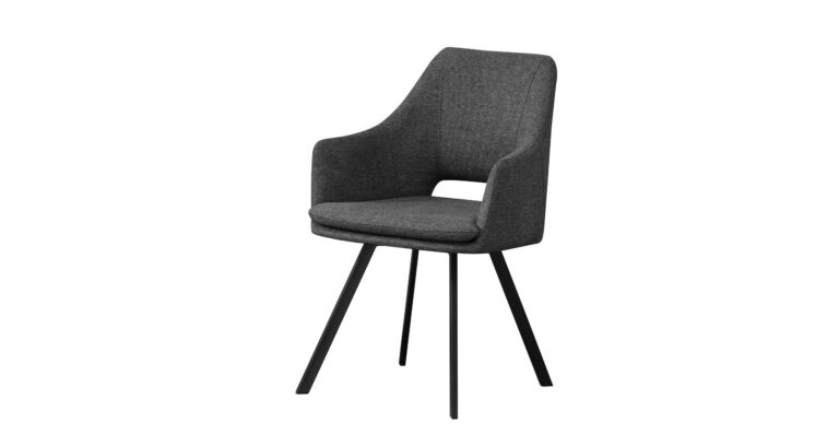 Silla de diseño moderno con asiento y respaldo tapizados en tela gris oscuro y patas metálicas negras
