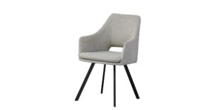 Silla moderna gris con respaldo y asiento acolchados y patas negras de metal