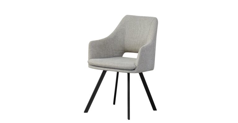 Silla moderna gris con respaldo y asiento acolchados y patas negras de metal