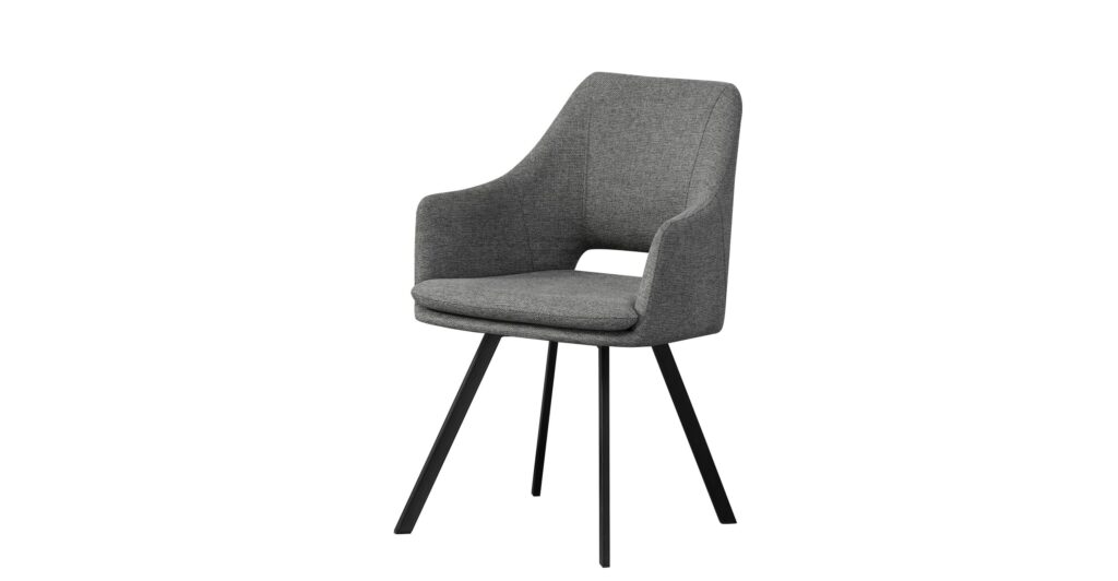 Silla gris tapizada con respaldo y reposabrazos, patas metálicas negras