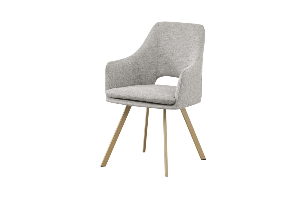 Silla de comedor gris con respaldo y brazos tapizados y patas de madera claras