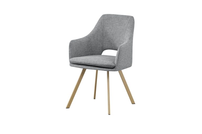 Silla gris con respaldo y reposabrazos tapizados, patas de madera clara en ángulo