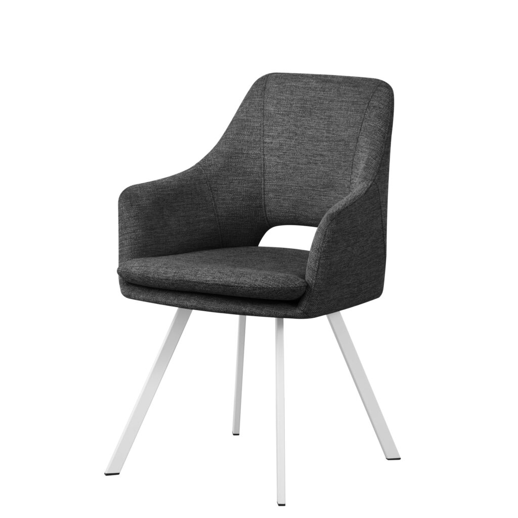 Silla de comedor tapizada en gris oscuro con patas metálicas blancas