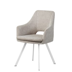 Silla tapizada beige con respaldo y reposabrazos integrados, patas metálicas blancas