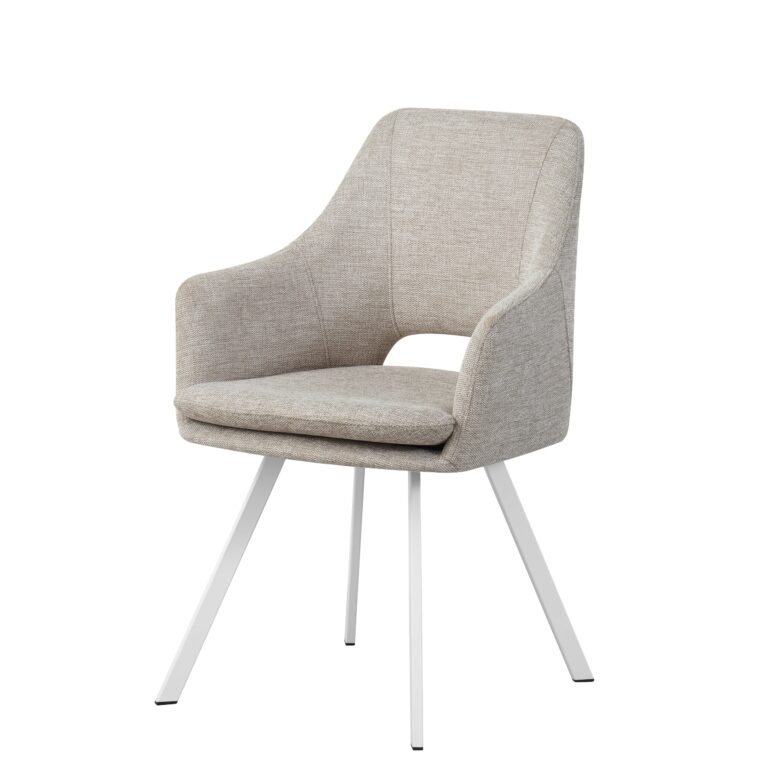 Silla tapizada beige con respaldo y reposabrazos integrados, patas metálicas blancas