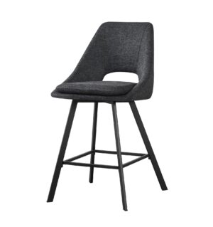 Silla alta de diseño moderno con asiento y respaldo tapizados en tela gris oscuro y estructura metálica negra