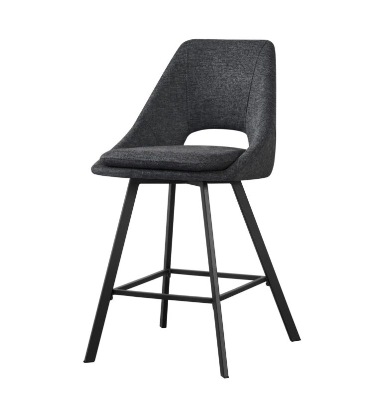 Silla alta de diseño moderno con asiento y respaldo tapizados en tela gris oscuro y estructura metálica negra