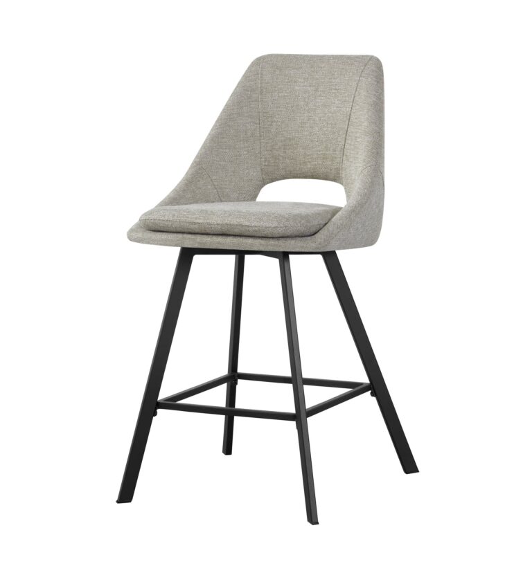 Silla alta con asiento y respaldo tapizados en tela gris y estructura metálica negra