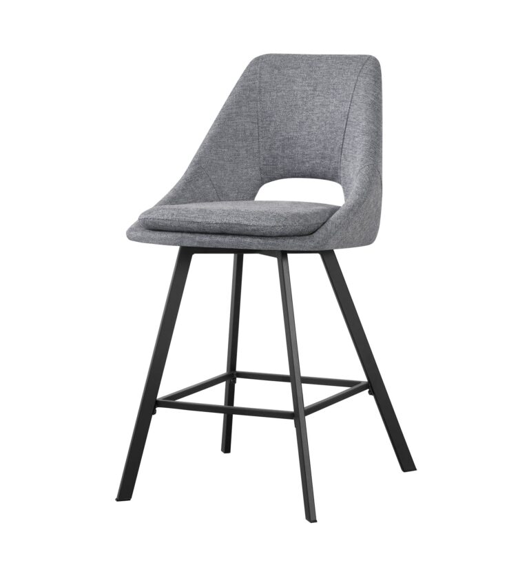 Silla alta con asiento y respaldo tapizados en tela gris y estructura metálica negra