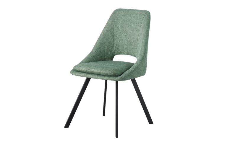 Silla tapizada verde con respaldo curvado y patas metálicas negras
