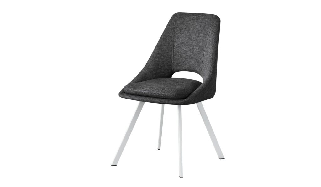 Silla moderna con asiento y respaldo tapizados en tela gris oscuro y patas metálicas blancas