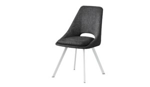 Silla moderna con asiento y respaldo tapizados en tela gris oscuro y patas metálicas blancas