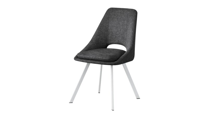 Silla moderna con asiento y respaldo tapizados en tela gris oscuro y patas metálicas blancas