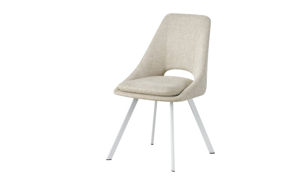 Silla moderna tapizada en beige con patas metálicas blancas