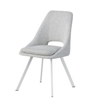 Silla moderna tapizada en gris claro con patas metálicas blancas