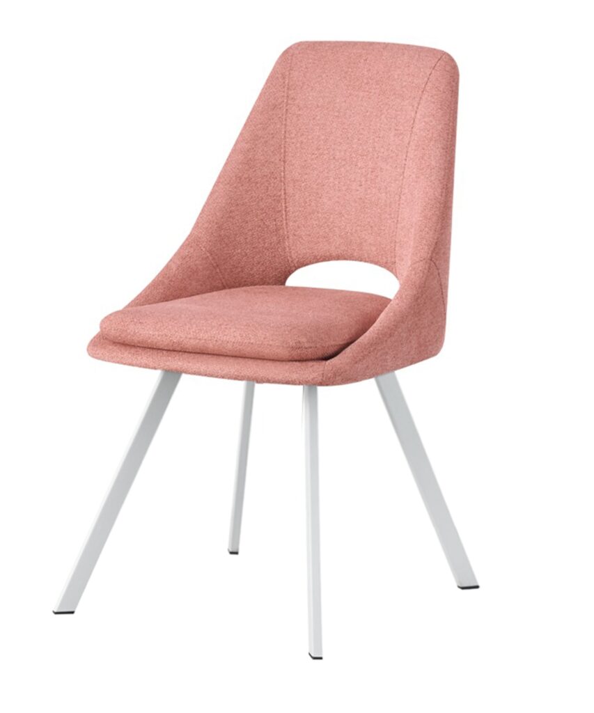 Silla moderna tapizada en rosa con patas metálicas blancas
