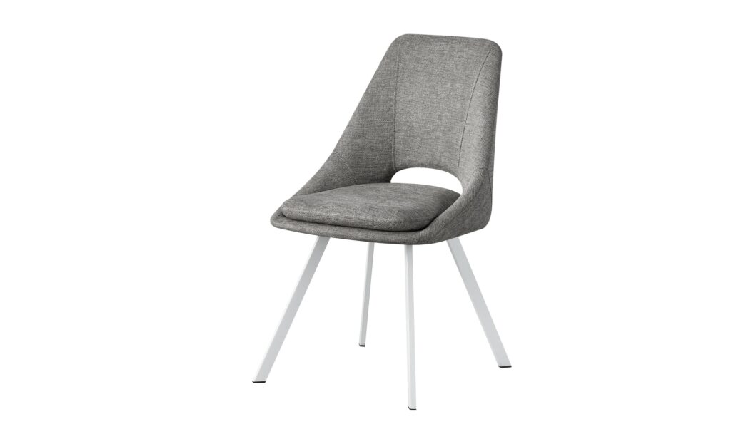 Silla moderna con asiento y respaldo tapizados en gris y patas metálicas blancas