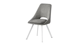 Silla moderna con asiento y respaldo tapizados en gris y patas metálicas blancas
