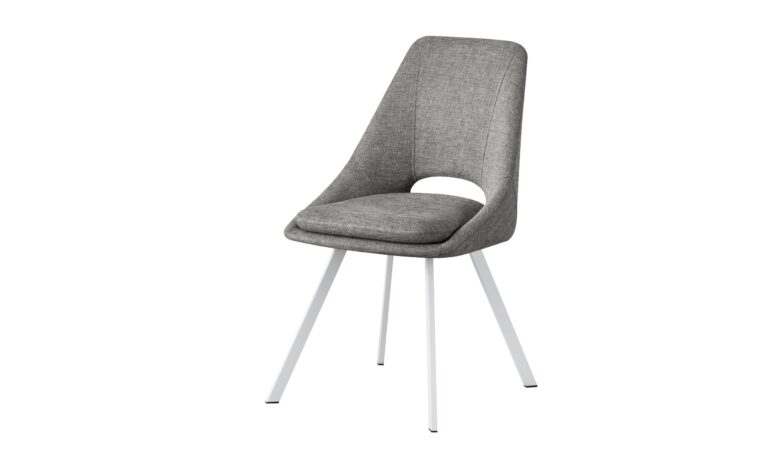 Silla moderna con asiento y respaldo tapizados en gris y patas metálicas blancas