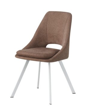Silla moderna con asiento y respaldo tapizados en marrón y patas metálicas blancas