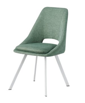 Silla moderna tapizada en verde con patas blancas inclinadas
