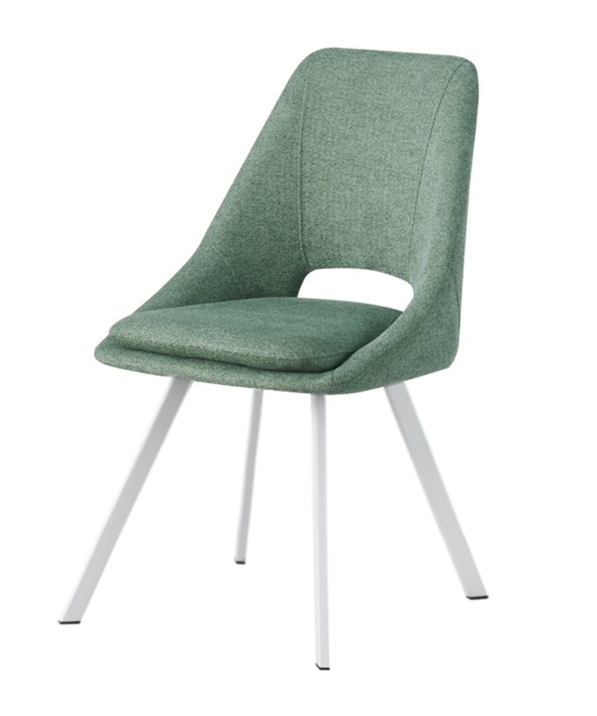 Silla moderna tapizada en verde con patas blancas inclinadas