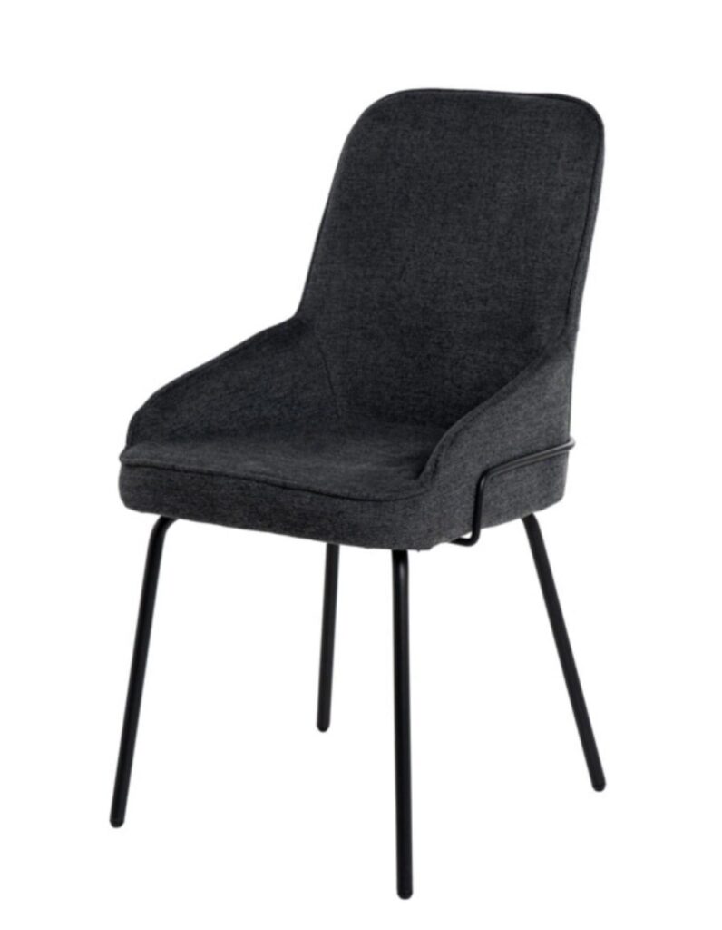 Silla tapizada en tela gris oscuro con patas metálicas negras