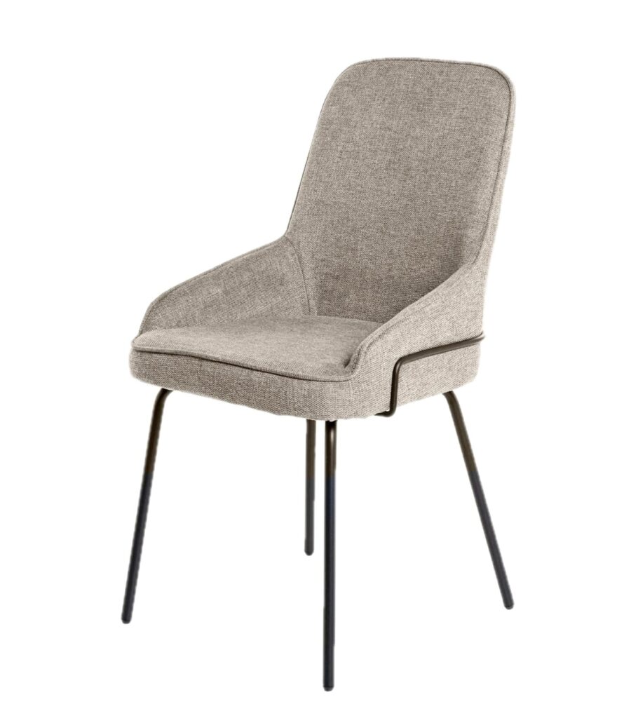 Silla tapizada gris con respaldo alto, reposabrazos y patas metálicas negras