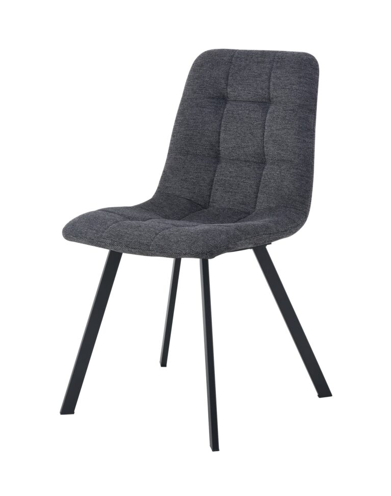 Silla tapizada en tela gris oscuro con patas metálicas negras