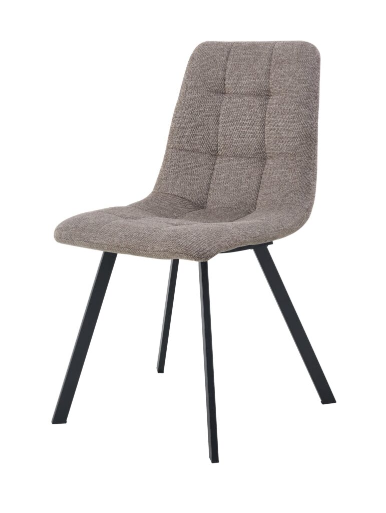 Silla tapizada en gris con respaldo acolchado y patas metálicas negras