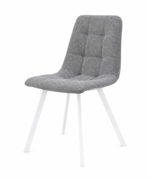 Silla moderna con asiento y respaldo tapizados en gris y patas blancas