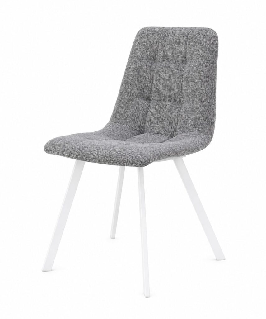 Silla moderna con asiento y respaldo tapizados en gris y patas blancas