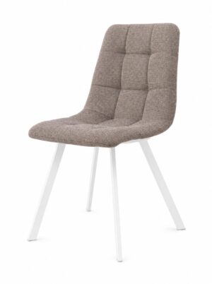 Silla tapizada en gris con patas blancas de diseño moderno y respaldo acolchado