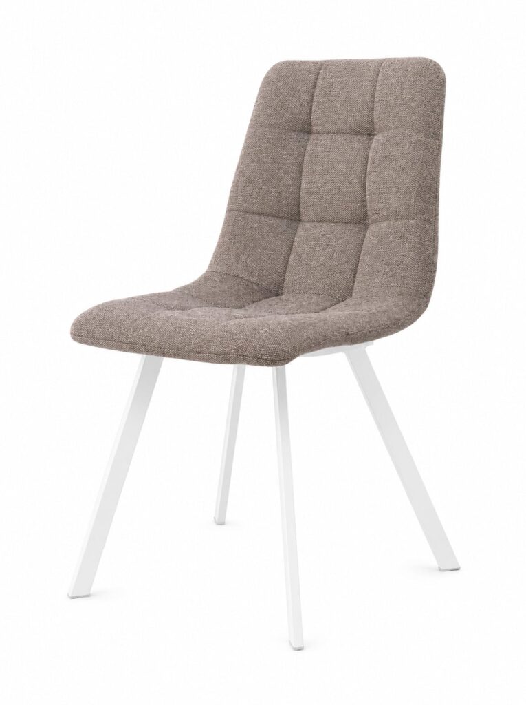 Silla tapizada en gris con patas blancas de diseño moderno y respaldo acolchado