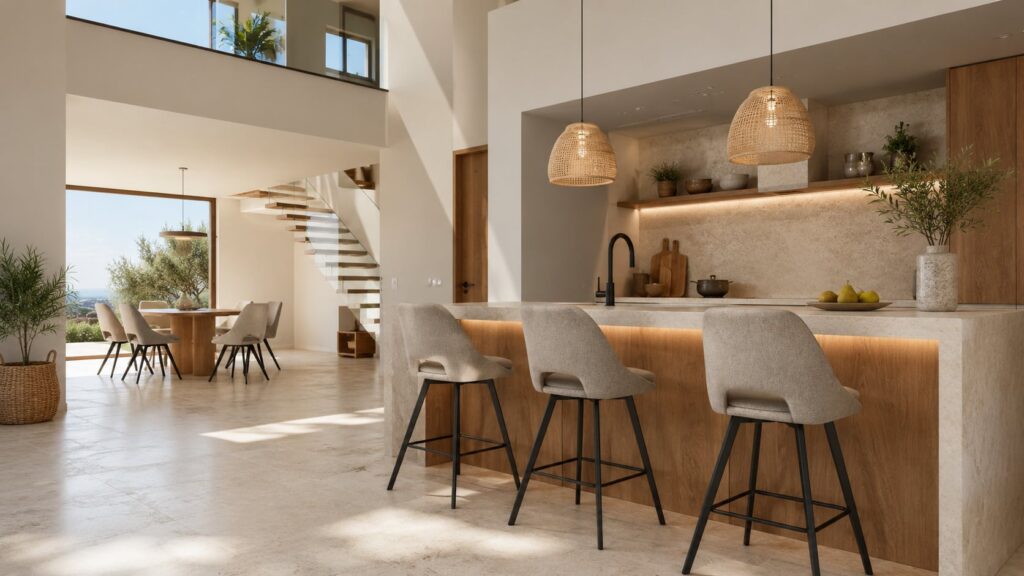 Cocina y comedor modernos con barra, taburetes, lámparas colgantes y escaleras flotantes junto a ventana grande con vistas