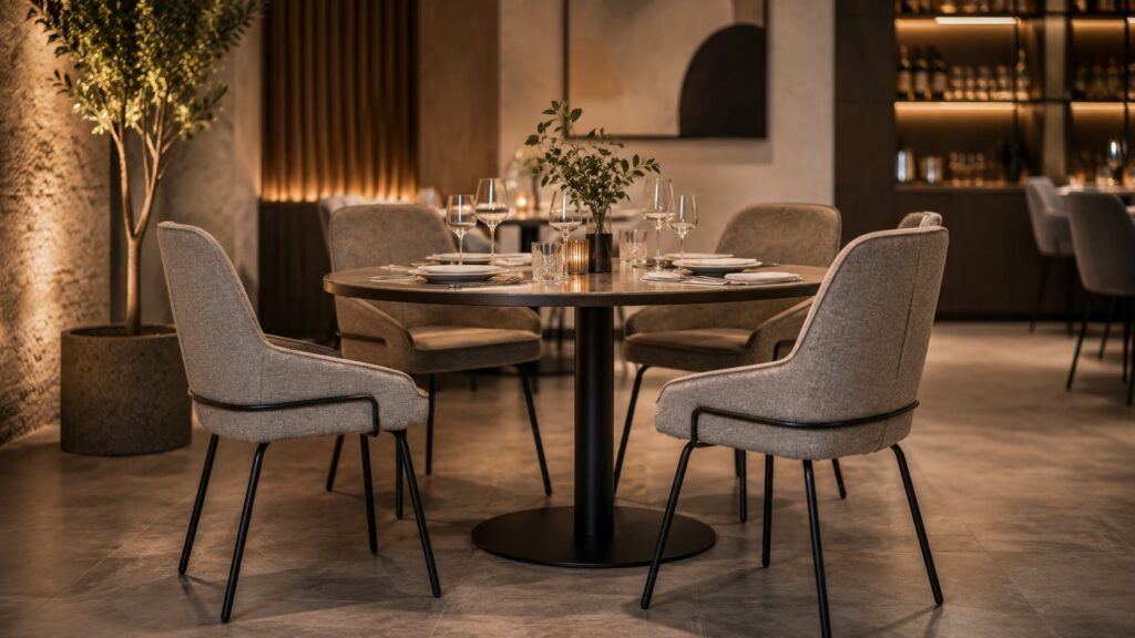 Mesa redonda con cuatro sillas tapizadas, puesta para cenar en un restaurante elegante y moderno