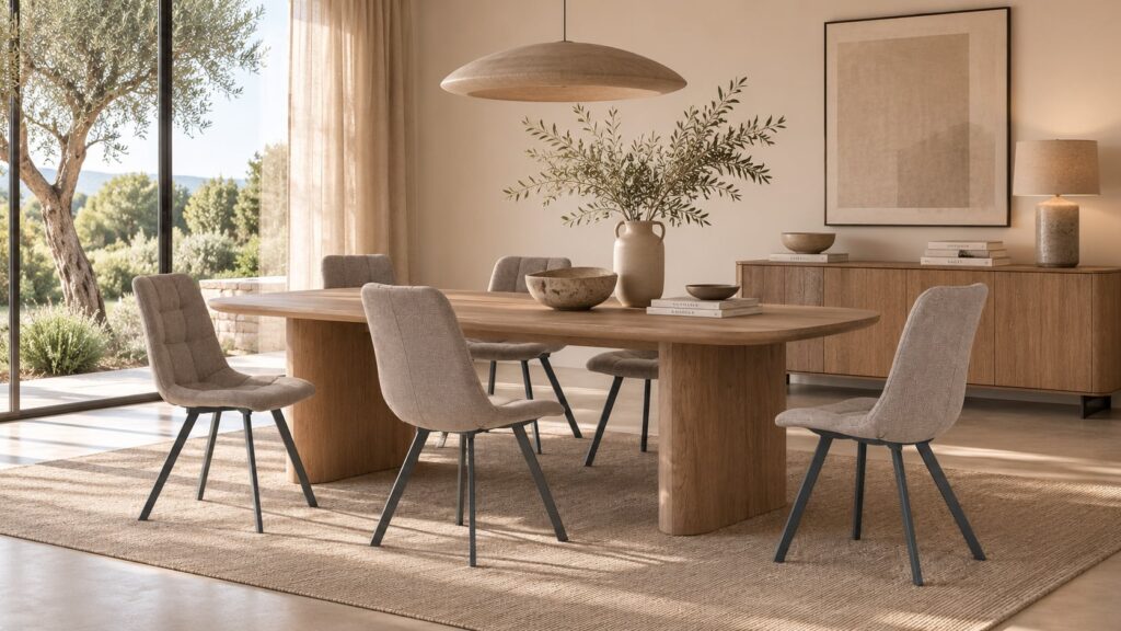 Comedor con mesa de madera, seis sillas tapizadas beige, jarrón con ramas, lámpara colgante y aparador con lámpara y cuadros