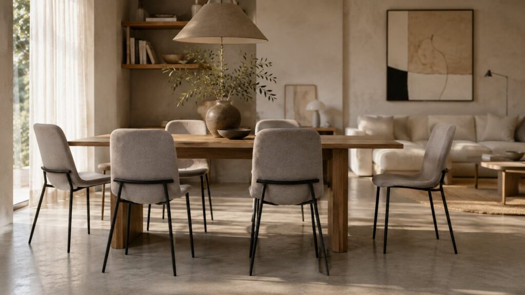 Comedor moderno con mesa de madera, seis sillas tapizadas en gris claro, jarrón con ramas y decoración minimalista en tonos neutros