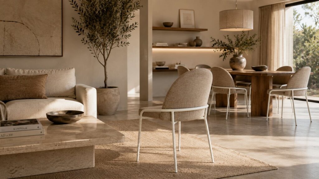 Sala de estar y comedor con decoración en tonos beige y marrón, muebles modernos y plantas en macetas grandes